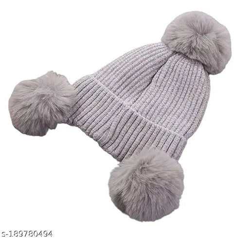 Piftif Assorted colour Winter Women Triple Pompom Cap Soft Warm Hats Hair Ball Beanies, Lady Warm Earmuffs Caps Knitted Wool Ear Pompom
