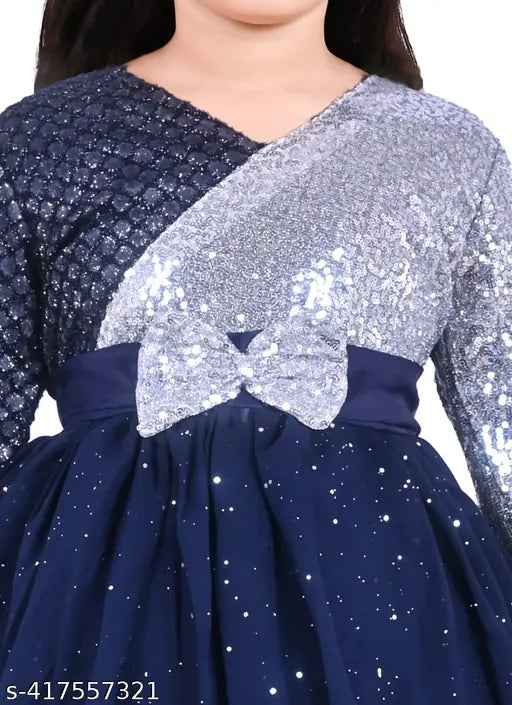 Trendy navy blue and silver sequin dress with a high neckline