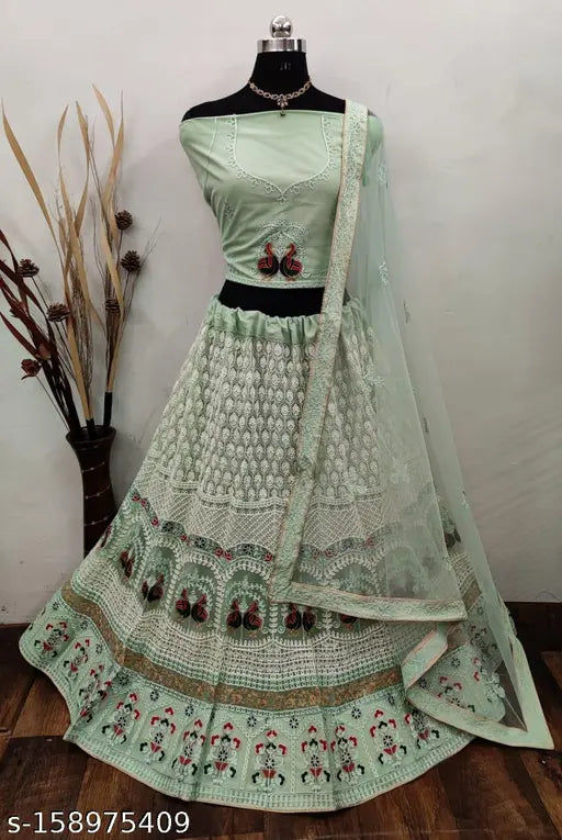 Indian embroidered net FLEX lehenga Indrani pistachio set with choli and dupatta, free size