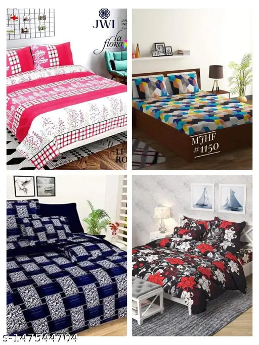 Cotton comforter set with double bed sheets, king size 90x90, 4 pieces, pillow covers included