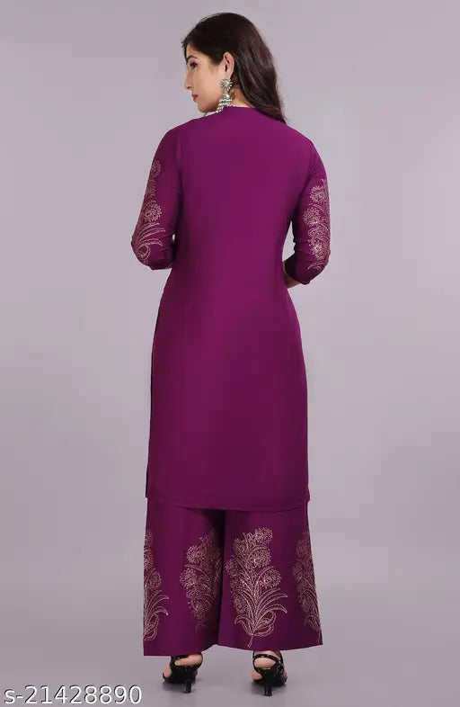 Rayon hand block gold print stitched kurta plazo set, stylish women's three-quarter sleeve fashion, India-made Rayon bottomwear in single sizes S, M, L, XL, XXL