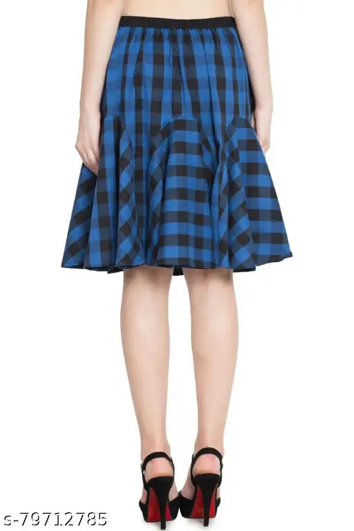 Blue checkered cotton short skirt for women, elastic closure, elegant summer style