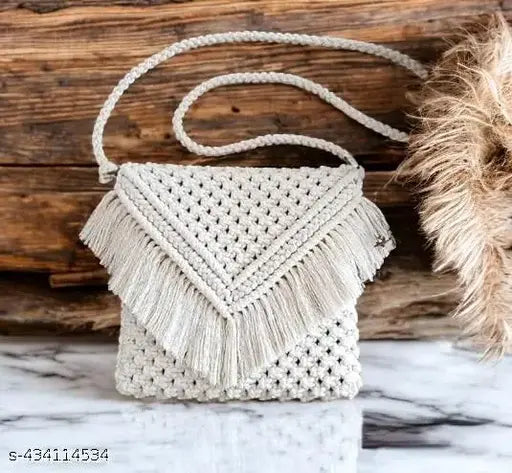 Cotton macrame purse with tassels, handbag strap