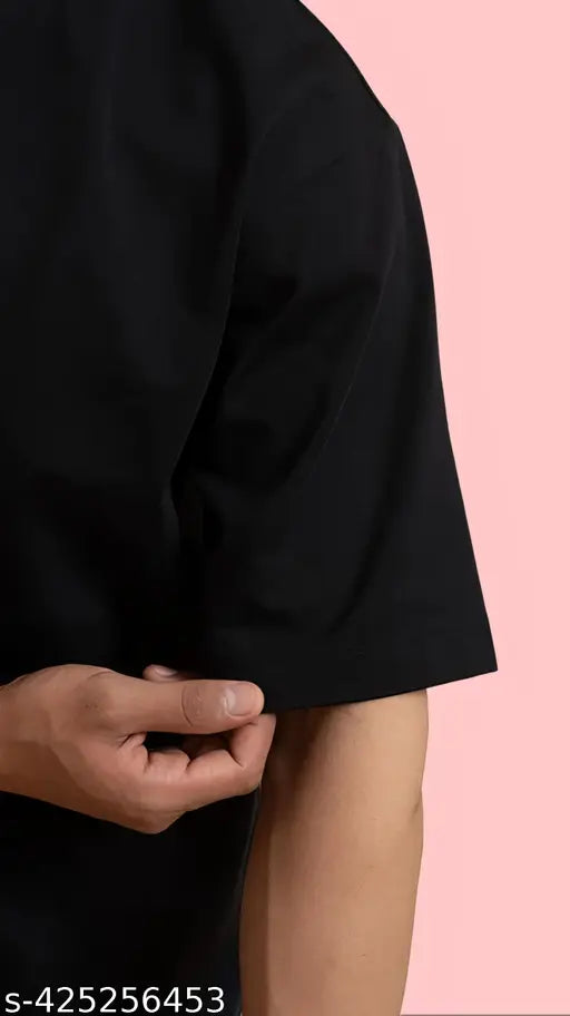 Black cotton blend drop shoulder oversize t-shirt with off-shoulder design, perfect for relaxed fit and casual outings