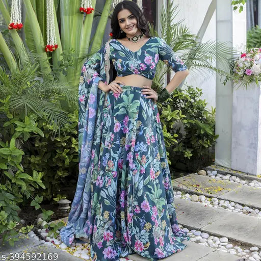 Faux Georgette floral printed Lahenga Set, semi-stitched in 42" waist and 44" length with 2.3" dupatta, featuring drawstring with zip closure and embroidered lace border, Made in India