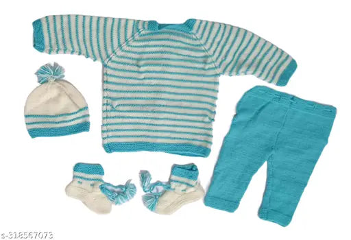 Handmade woolen striped sweater set with pajamas and cap for 0-12 months babies (India)