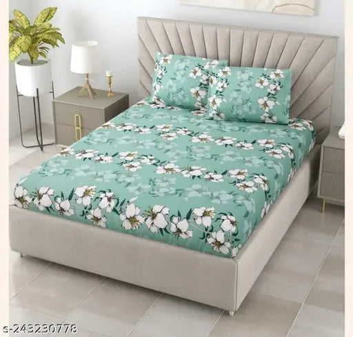 Green cotton feel elastic fitted bedsheet with 2 king-size pillow covers, double bed size 72x78x10 inches, floral print