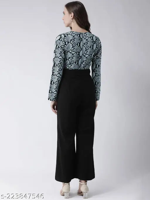 Denim animal print jumpsuit for women, long sleeves, XS to XXXXL sizes, printed pattern on display stand