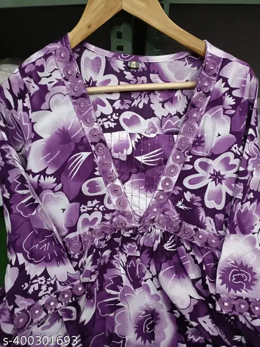 Printed rayon Alia cut kurta, three-quarter sleeves, vibrant Indian fashion