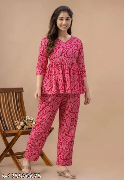 Pink premium rayon women's top & pant coord set, trendy pocket, comfy three-quarter sleeves