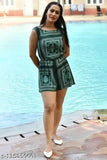 Printed rayon emerald sleeveless jumpsuit, perfect for summer events, crafted in India