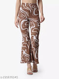 Brown poly blend printed flat-front trousers, versatile women's pants for any occasion, Indian origin