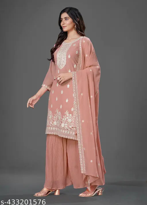 Embroidered wedding sharara set with inner kurta and dupatta, full-length palazzo style, dupatta included