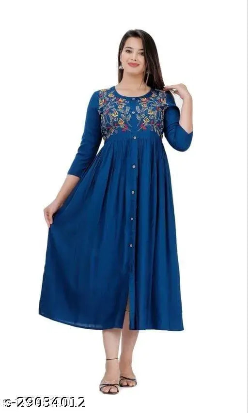 Blue rayon embroidered Anarkali kurti with three-quarter sleeves for women, showcasing intricate Indian embroidery detail