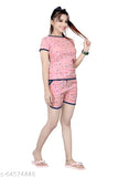 Cotton sound print nightwear set (T-shirts & shorts), size SML - Indian-made women's sleepwear with short sleeves and printed pattern