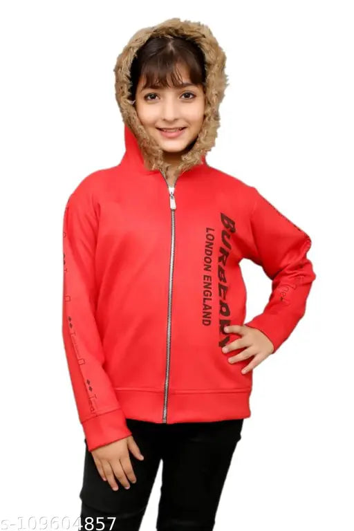 Red coat with faux fur hood, zip closure, black trim