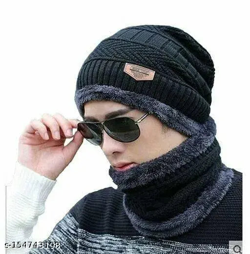 Woolen cap and neck scarf set, fully lined with fur, cozy and versatile for men and women