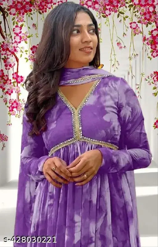 Georgette digital floral printed long gown dress, blue and rose tones, effortless elegance in casual chic