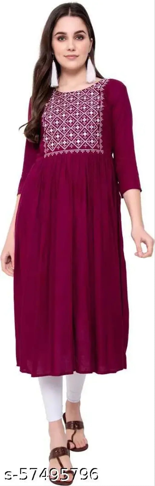 Embroidered rayon three-quarter sleeve kurti, Indian traditional fashion in S, M, L sizes