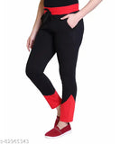 Black cotton slim fit sports track pants with red waistband and cuffs