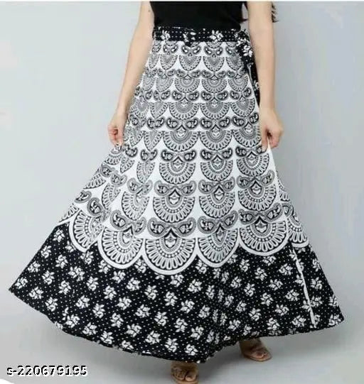 Black and white patterned floor-length skirt with lace trim