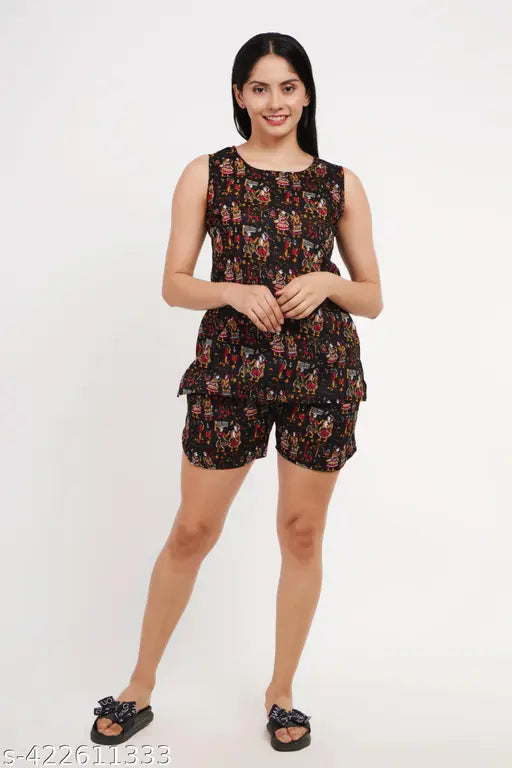 Rayon night suit for women, printed short sleeveless suit with rayon top and shorts, available in sizes S-XXL