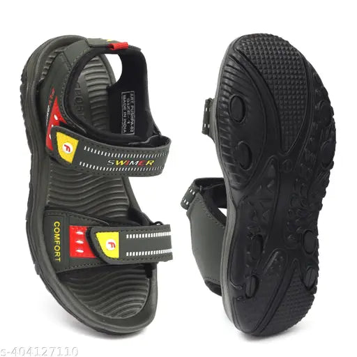 Black, trendy kids sandals with red and yellow detailing