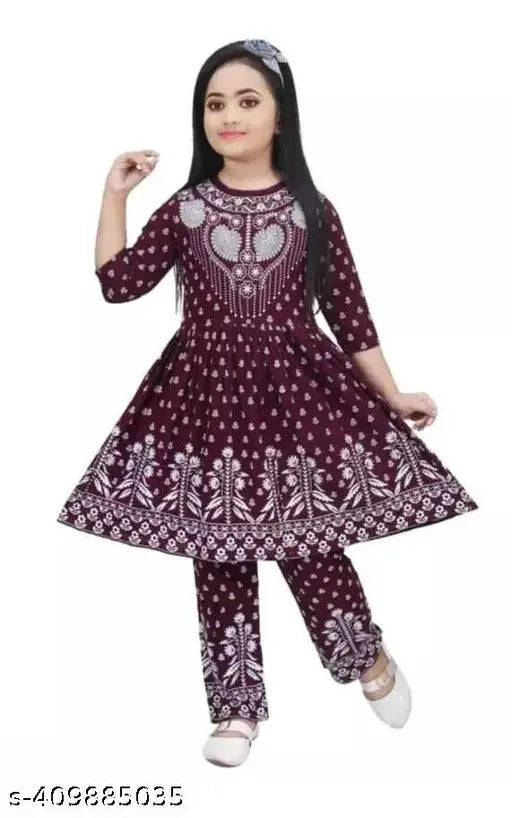 Maroon rayon kurta with palazzo pants for kids, new festive naira set for Indian celebrations