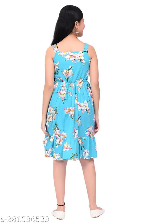 Blue floral printed knee-length dress, belted waist, casual style, girls' party wear