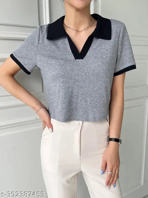Cotton crop rib contrast collar, solid net short-sleeved top for women - XS to XXXL sizes, made in India