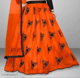 Trendy satin lehenga with botanical net dupatta, semi-stitched in free size