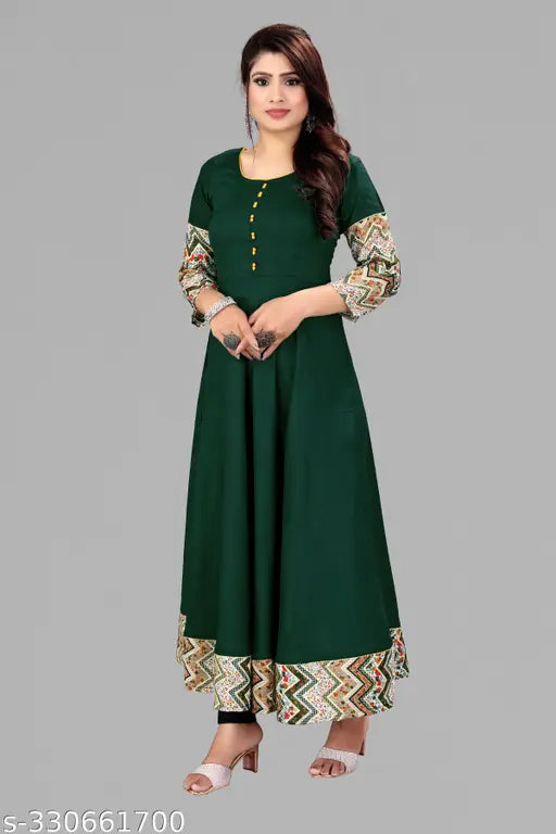 Dark green rayon tussle tie Anarkali kurti with three-quarter sleeves, ideal for office wear or social events