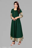 Dark green rayon tussle tie Anarkali kurti with three-quarter sleeves, ideal for office wear or social events