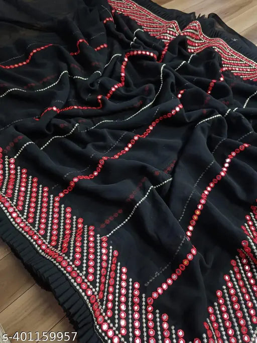 Georgette sari with red border and pallu, black color