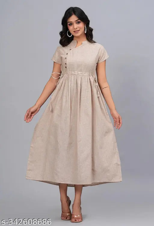 Beige striped cotton anarkali dress, short sleeves, mandarin collar for women, machine washable Indian fashion