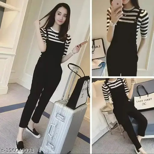 Women's black & white cotton blend jumpsuit with tee - solid pattern, three-quarter sleeves on mannequin
