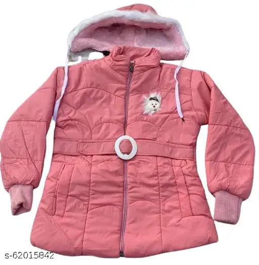 Pink jacket with zipper and hoodie, girls winter clothing