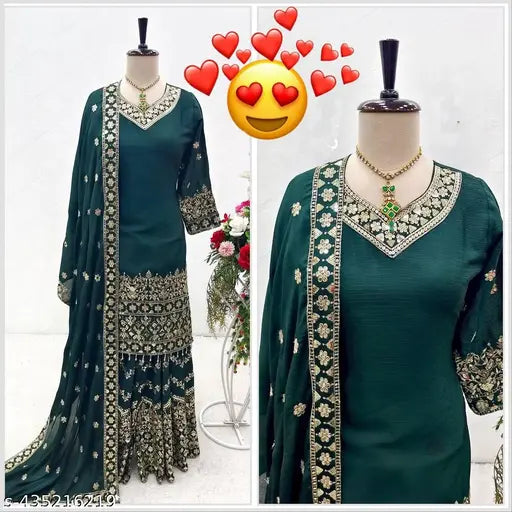 Dark green dupatta set with detailed embroidery and floral patterns