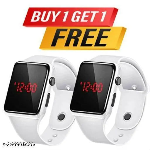 White digital dial watch with red hands, LED display, for boys and girls