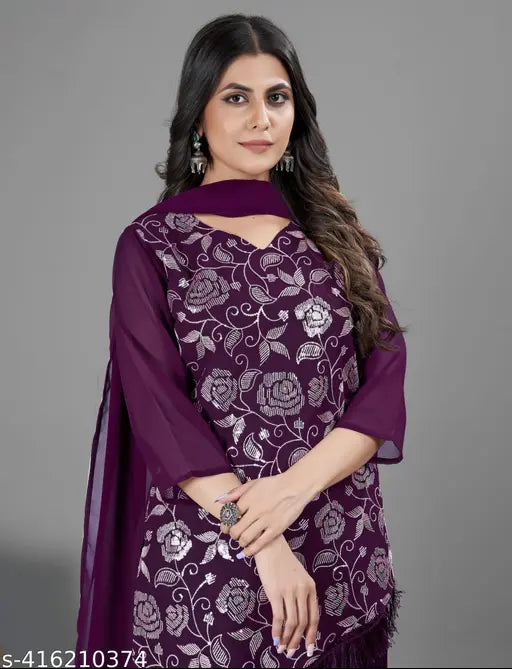 A purple sequined kameez sharara set, paired with a matching dupatta
