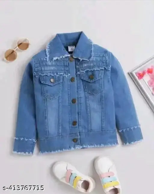 Blue denim jacket with distressed details and frayed cuffs, designed in a trendy Korean style for young girls