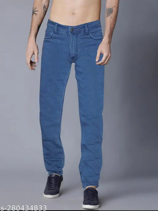 Just black men's slim light blue jeans, high-quality denim with stylish details, India