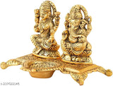 Gold-plated brass Ganesh Lakshmi Idol statue, 35 inches height, diya included for home decor or religious festivals