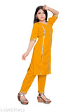 Yellow aari type lace kurta set with crepe fabric, embellished sleeves, and palazzo bottoms for kids daily wear. Indian girls clothing, sizes 7-8 to 15-16 years