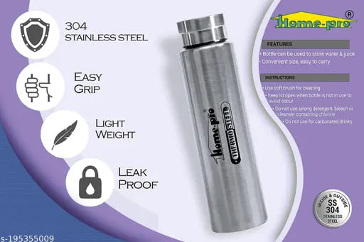 Silver Homepro double-wall vacuum thermosteel water bottle for hot/cold drinks, BPA-free and leak-proof
