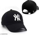 Black baseball cap with white logo, black sun glasses