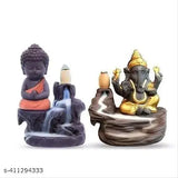 Resin handicraft Dopin Red Buddha & Golden Ganesha Backflow Incense Holder Showpiece, with 20 cones - Indian artistry featuring reverse smoke waterfall effect around meditating Buddha statue