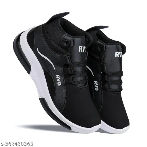 Black and white boys sports shoes, laced sneakers with a logo on the side