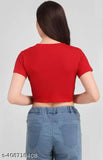 Red cotton-blend crop top, short sleeves with printed net pattern for women's casual wear, size S (36in bust, 24in length)