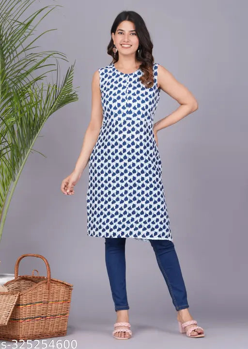 Stylish printed rayon straight kurta in sleeveless design with 3/4 sleeve, Indian ethnic fashion for women